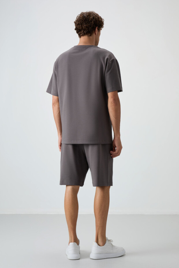 Koyu Gri Pamuklu Kalın Yumuşak Dokulu Oversize Fit Basic Erkek Şort Takım - 85249 - 8