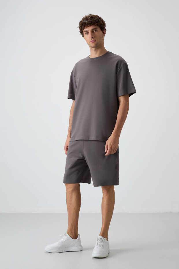 Koyu Gri Pamuklu Kalın Yumuşak Dokulu Oversize Fit Basic Erkek Şort Takım - 85249 - 6