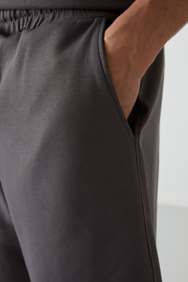 Koyu Gri Pamuklu Kalın Yumuşak Dokulu Oversize Fit Basic Erkek Şort Takım - 85249 - 7