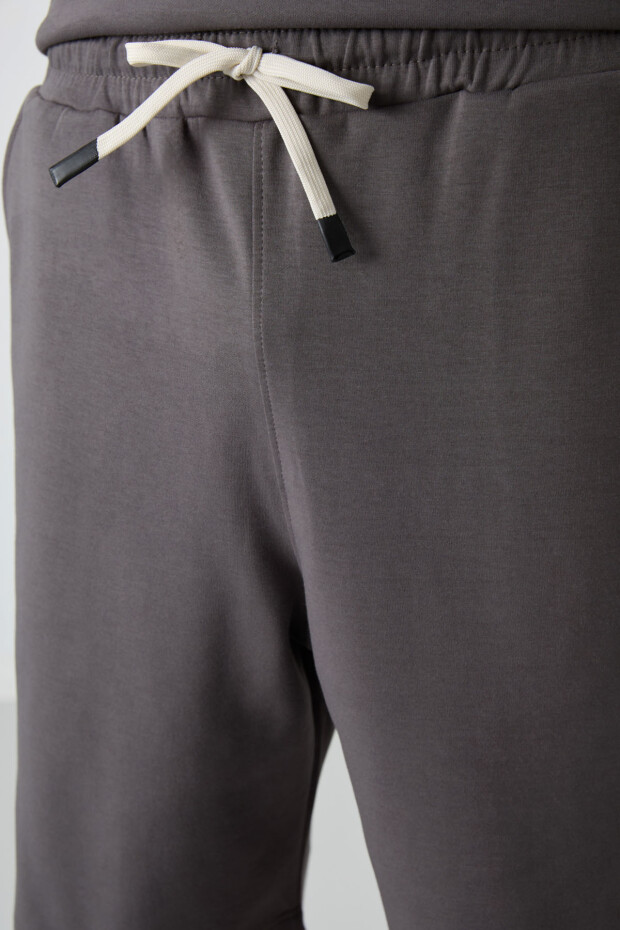 Koyu Gri Pamuklu Kalın Yumuşak Dokulu Oversize Fit Basic Erkek Şort Takım - 85249 - 4