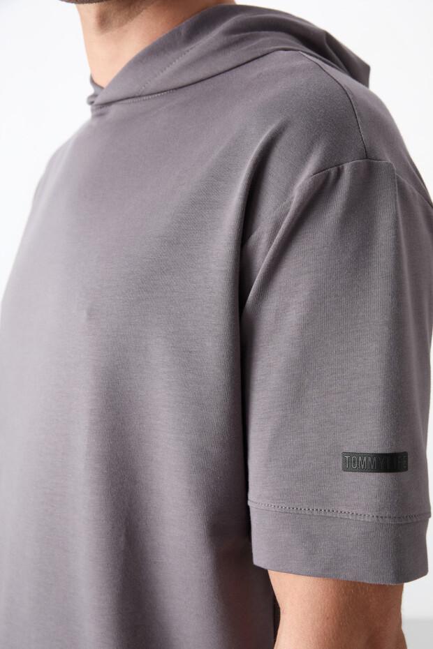 Koyu Gri Pamuklu Kalın Yumuşak Dokulu Oversize Fit Basic Erkek T-Shirt - 88352 - 2