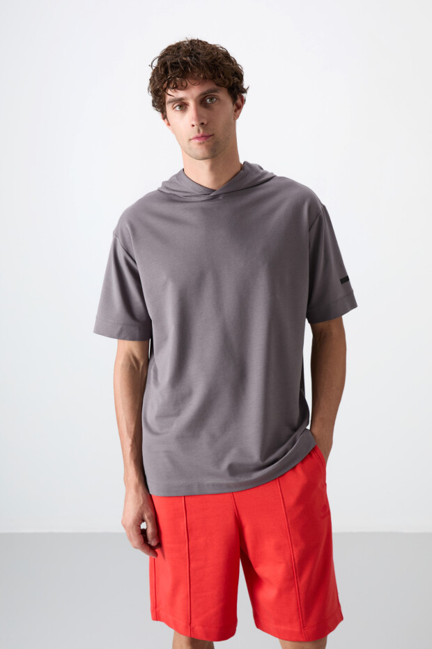 Koyu Gri Pamuklu Kalın Yumuşak Dokulu Oversize Fit Basic Erkek T-Shirt - 88352 - 1