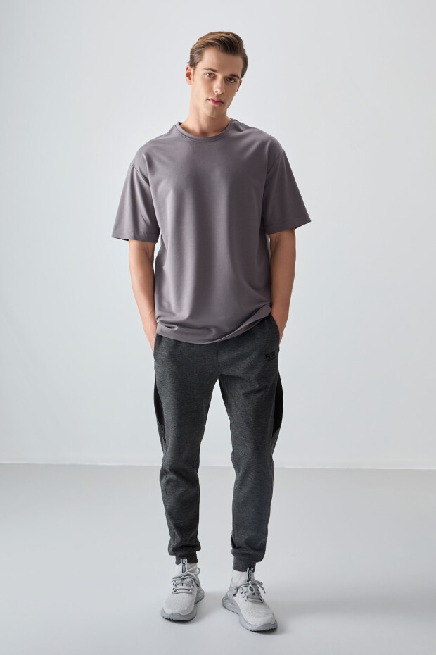 Koyu Gri Pamuklu Kalın Yumuşak Dokulu Oversize Fit Basic Erkek T-Shirt - 88377 - 3