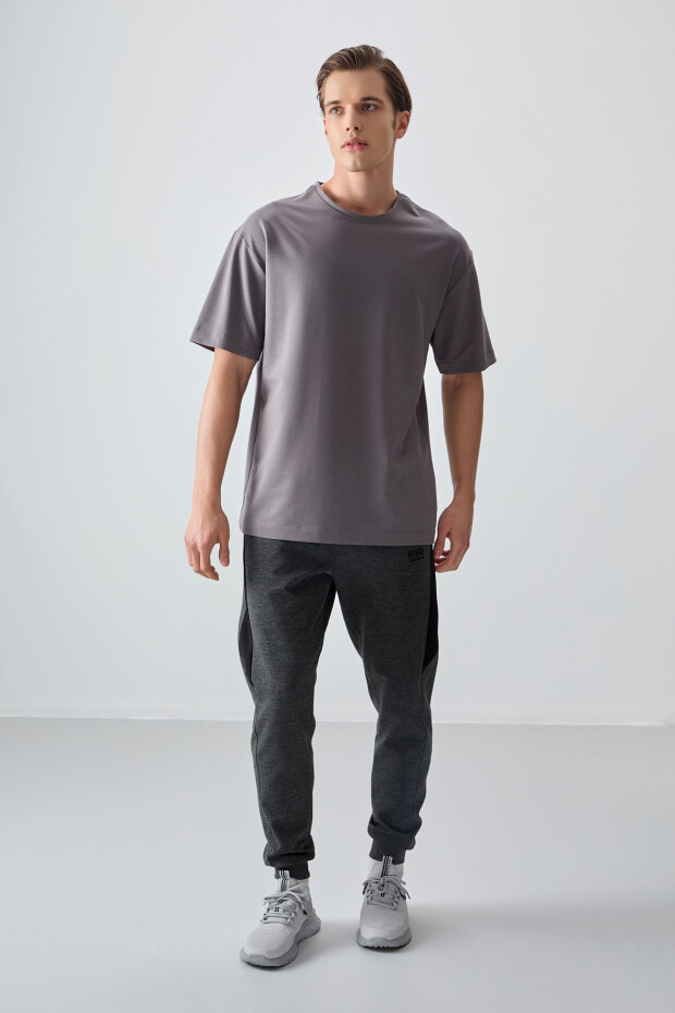Koyu Gri Pamuklu Kalın Yumuşak Dokulu Oversize Fit Basic Erkek T-Shirt - 88377 - 5