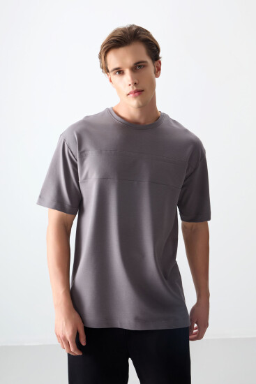 Koyu Gri Pamuklu Kalın Yumuşak Dokulu Oversize Fit Basic Erkek T-Shirt - 88378 