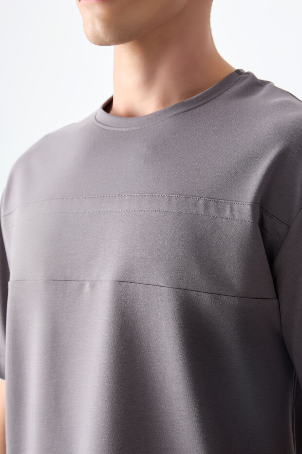 Koyu Gri Pamuklu Kalın Yumuşak Dokulu Oversize Fit Basic Erkek T-Shirt - 88378 - 3