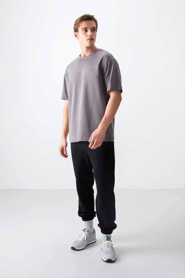 Koyu Gri Pamuklu Kalın Yumuşak Dokulu Oversize Fit Basic Erkek T-Shirt - 88378 - 2