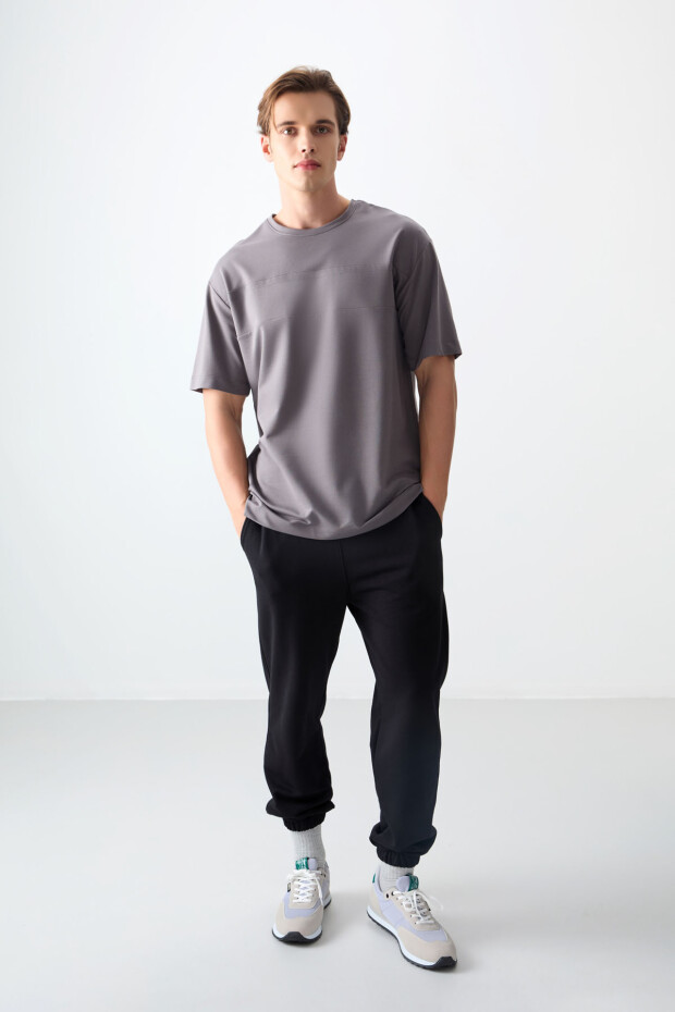 Koyu Gri Pamuklu Kalın Yumuşak Dokulu Oversize Fit Basic Erkek T-Shirt - 88378 - 4