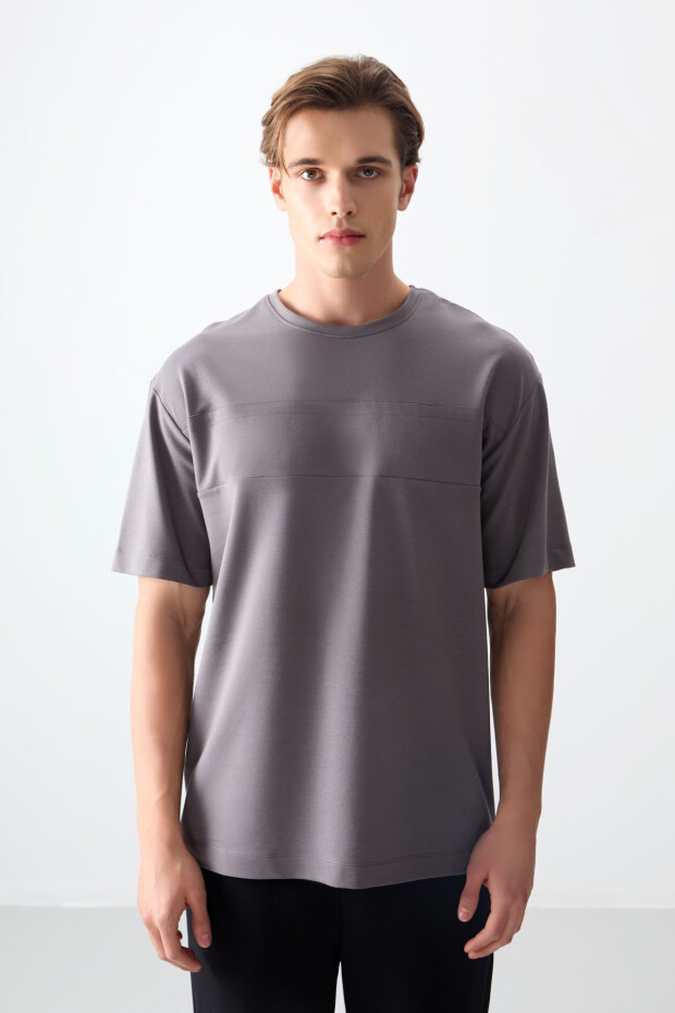 Koyu Gri Pamuklu Kalın Yumuşak Dokulu Oversize Fit Basic Erkek T-Shirt - 88378 - 5