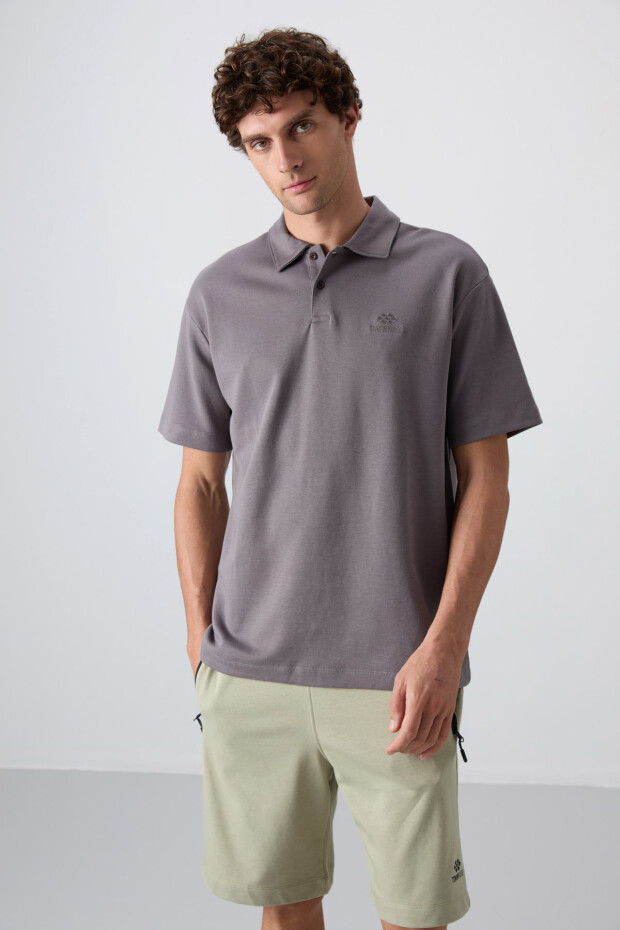Koyu Gri Pamuklu Kalın Yumuşak Dokulu Oversize Fit Basic Polo Yaka Erkek T-Shirt - 88327 - 1