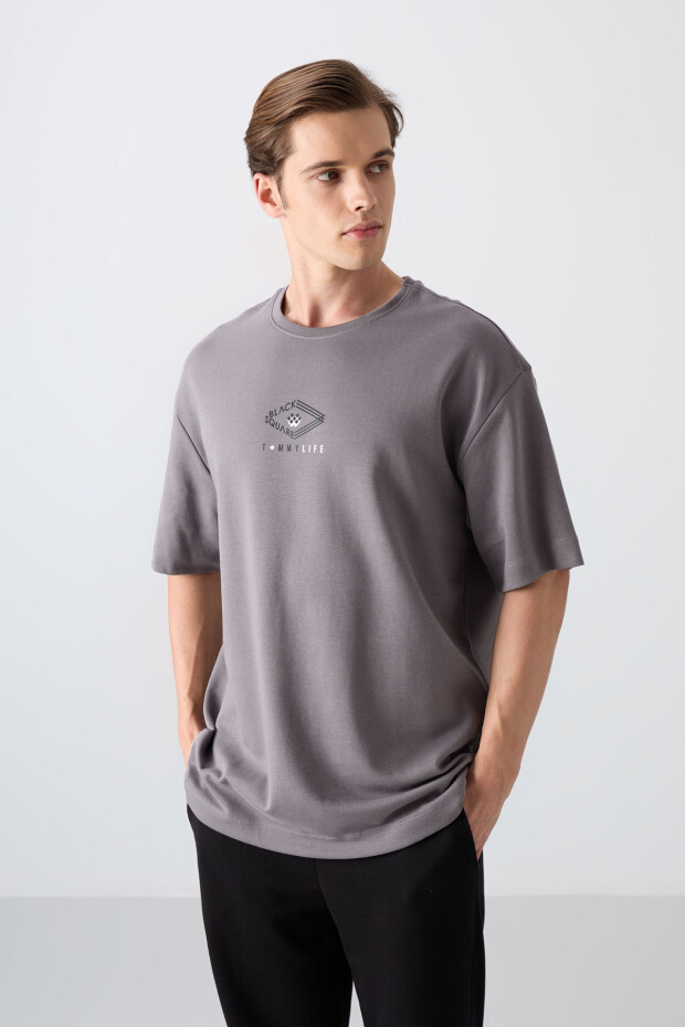 Koyu Gri Pamuklu Kalın Yumuşak Dokulu Oversize Fit Baskılı Erkek T-Shirt - 88325 - 4