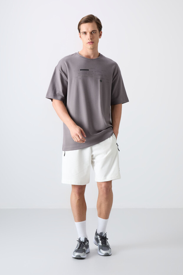 Koyu Gri Pamuklu Kalın Yumuşak Dokulu Oversize Fit Baskılı Erkek T-Shirt - 88326 - 2