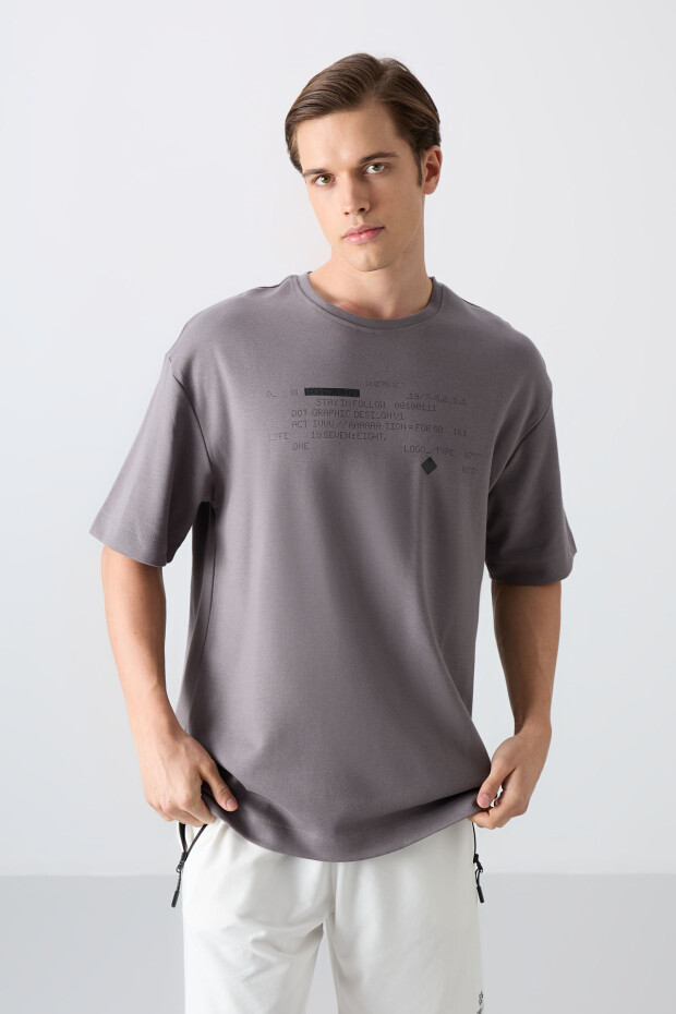 Koyu Gri Pamuklu Kalın Yumuşak Dokulu Oversize Fit Baskılı Erkek T-Shirt - 88326 - 4