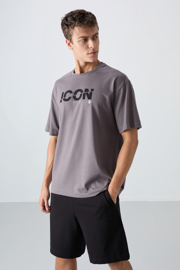 Koyu Gri Pamuklu Kalın Yumuşak Dokulu Oversize Fit Baskılı Erkek T-Shirt - 88331 - 4
