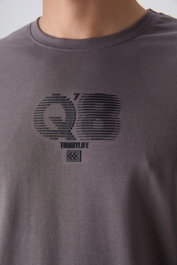Koyu Gri Pamuklu Kalın Yumuşak Dokulu Oversize Fit Baskılı Erkek T-Shirt - 88333 - 3