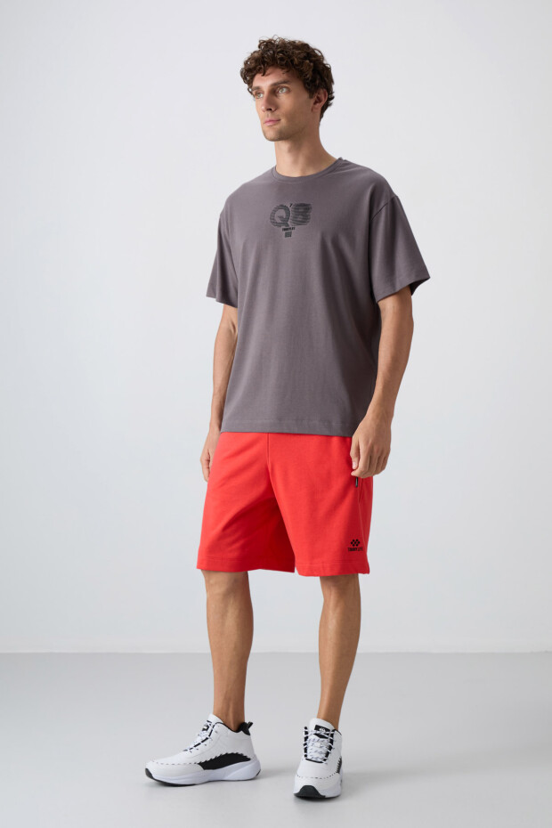 Koyu Gri Pamuklu Kalın Yumuşak Dokulu Oversize Fit Baskılı Erkek T-Shirt - 88333 - 2