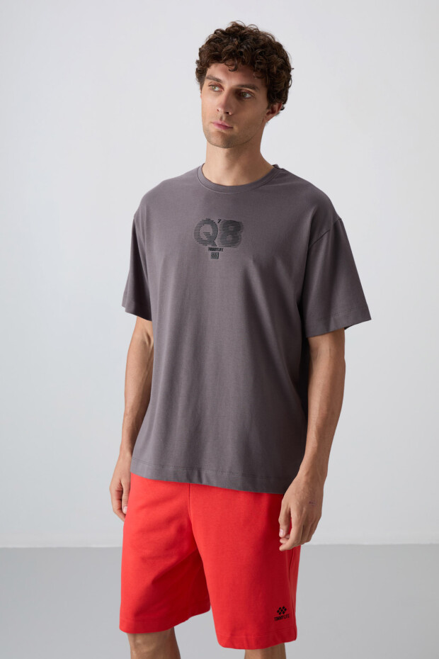 Koyu Gri Pamuklu Kalın Yumuşak Dokulu Oversize Fit Baskılı Erkek T-Shirt - 88333 - 4