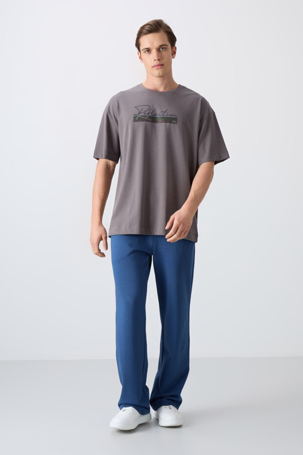 Koyu Gri Pamuklu Kalın Yumuşak Dokulu Oversize Fit Baskılı Erkek T-Shirt - 88334 - 2