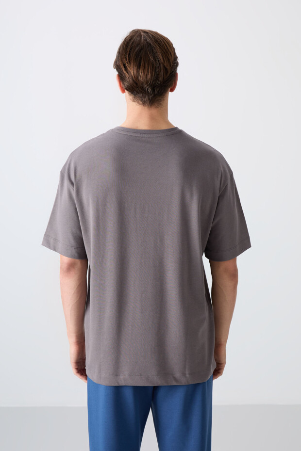 Koyu Gri Pamuklu Kalın Yumuşak Dokulu Oversize Fit Baskılı Erkek T-Shirt - 88334 - 5