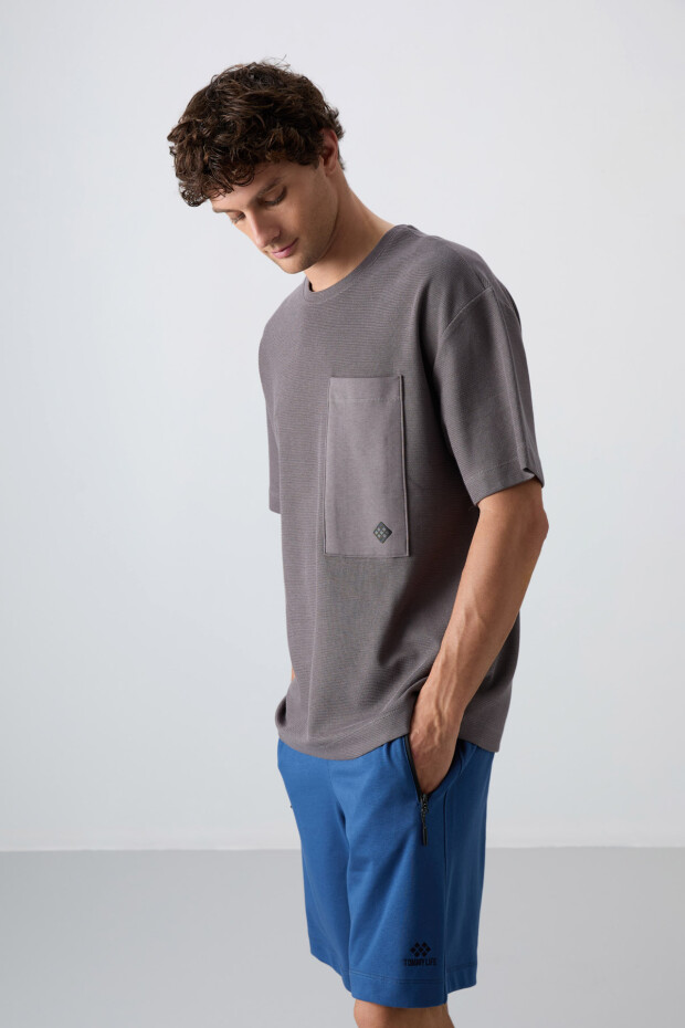 Koyu Gri Pamuklu Kalın Yüzeyi Dokulu Oversize Fit Basic Erkek T-Shirt - 88341 - 2