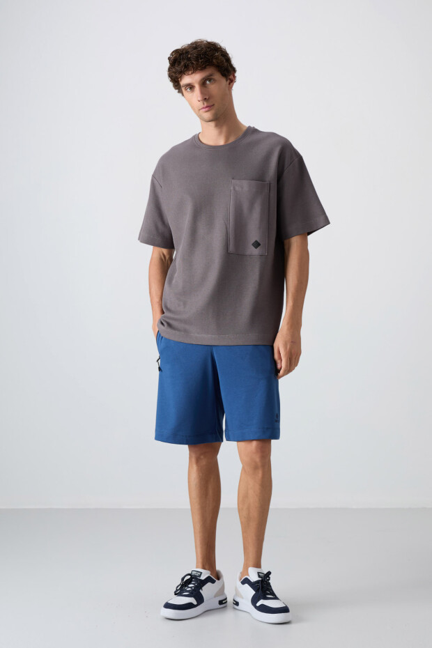Koyu Gri Pamuklu Kalın Yüzeyi Dokulu Oversize Fit Basic Erkek T-Shirt - 88341 - 4