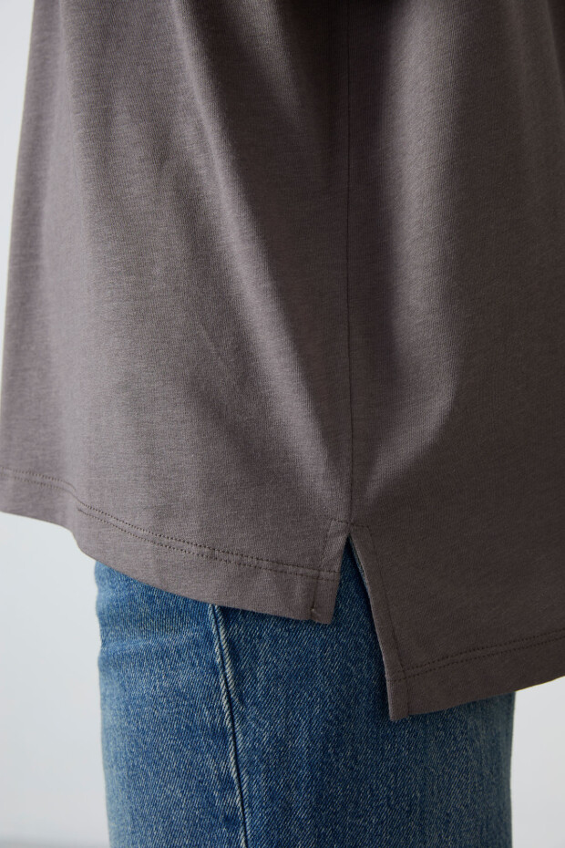 Koyu Gri Penye Modal Yumuşak Tuşeli Oversize Fit Basic Kadın T-Shirt- 97285 - 5