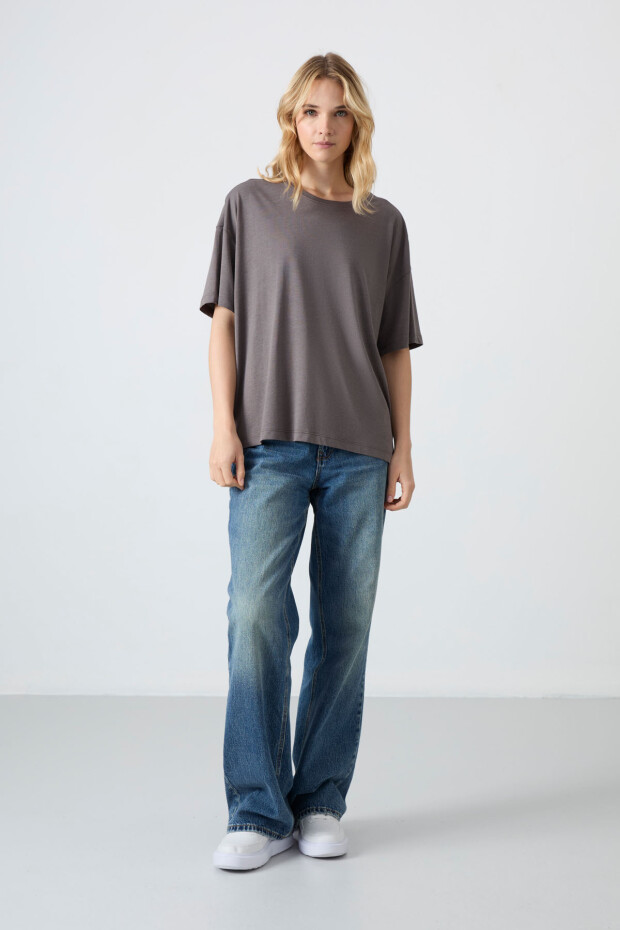 Koyu Gri Penye Modal Yumuşak Tuşeli Oversize Fit Basic Kadın T-Shirt- 97285 - 6