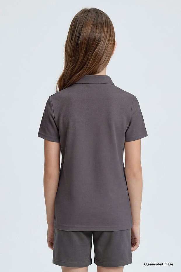 Koyu Gri Polo Yaka Standart Fit Basic Unisex Çocuk T-Shirt - 11330 - 6