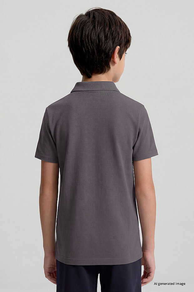 Koyu Gri Polo Yaka Standart Fit Basic Unisex Çocuk T-Shirt - 11330 - 5