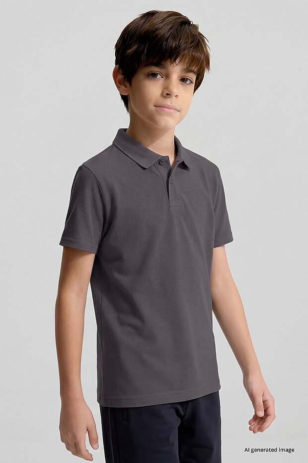 Koyu Gri Polo Yaka Standart Fit Basic Unisex Çocuk T-Shirt - 11330 - 2