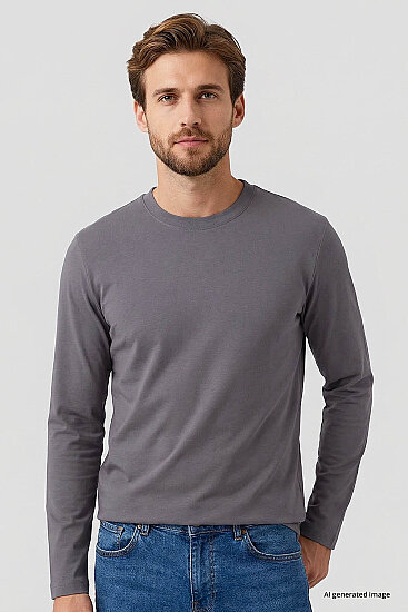 Koyu Gri Standart Fit Basic O Yaka Uzun Kollu İnce Erkek T-Shirt - 87997 