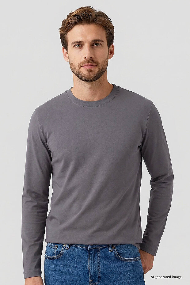 Koyu Gri Standart Fit Basic O Yaka Uzun Kollu İnce Erkek T-Shirt - 87997 - 1