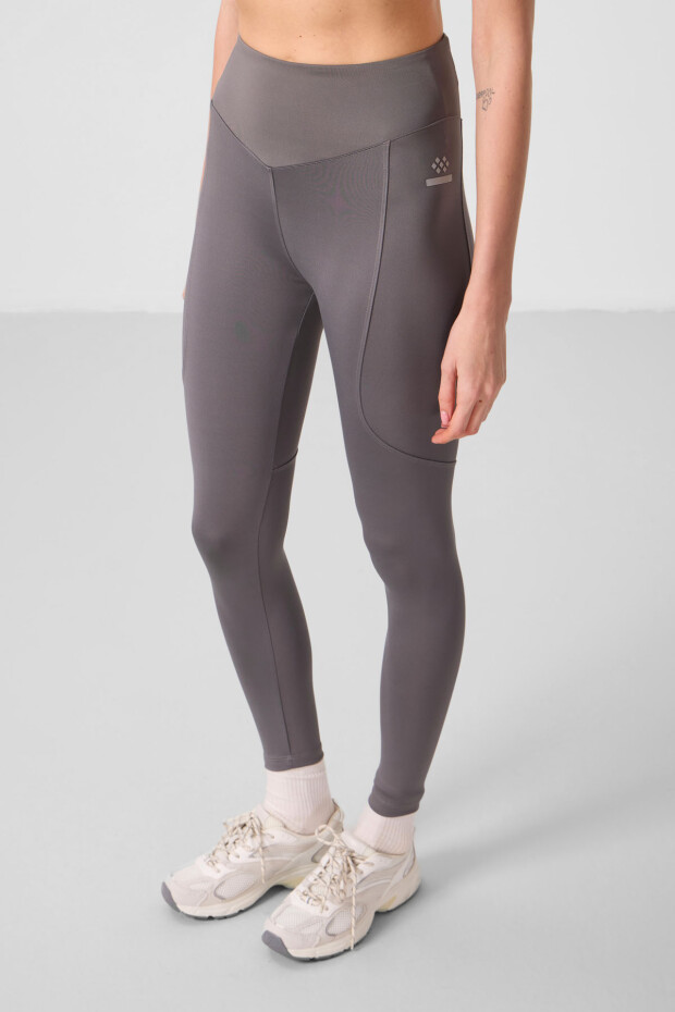Koyu Gri Standart Fit Esnek Performans Kadın Tayt - 94666 - 4
