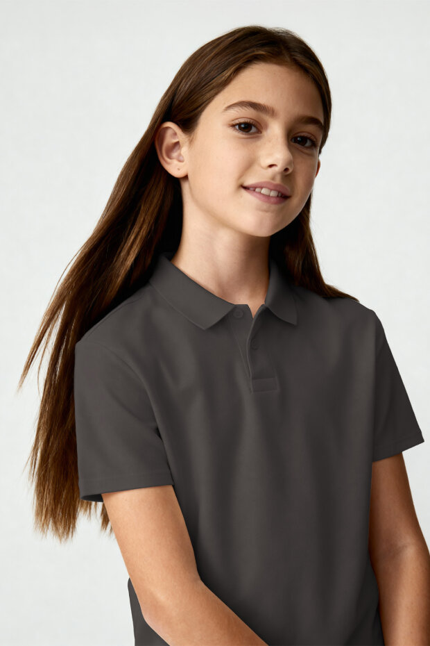Koyu Gri Polo Yaka Standart Fit Basic Unisex Çocuk T-Shirt - 11330 - 3