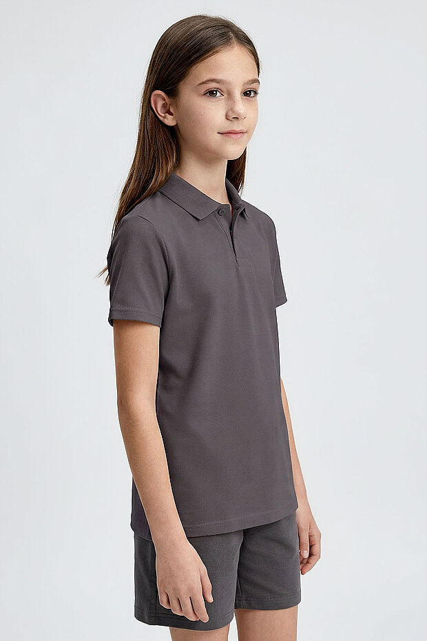 Koyu Gri Polo Yaka Standart Fit Basic Unisex Çocuk T-Shirt - 11330 - 2