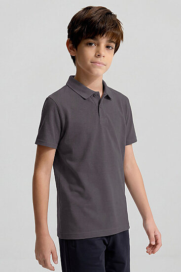 Koyu Gri Polo Yaka Standart Fit Basic Unisex Çocuk T-Shirt - 11330 