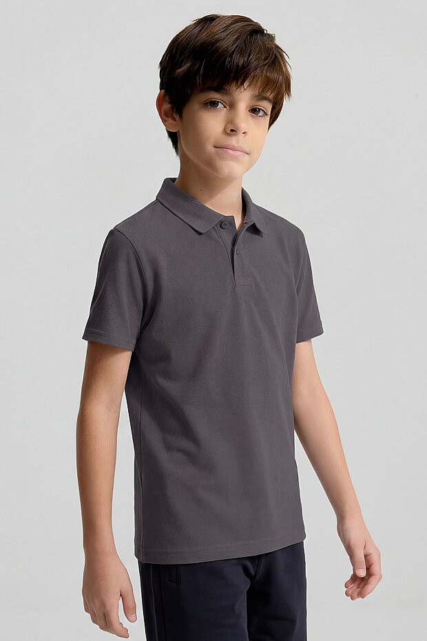 Koyu Gri Polo Yaka Standart Fit Basic Unisex Çocuk T-Shirt - 11330 - 1