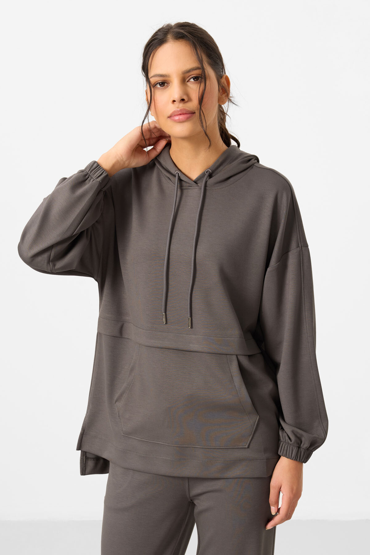Koyu Gri Yumuşak Dokulu Kapüşonlu Oversize Kadın Eşofman Tunik Takım - 95348 - TOMMYLIFE