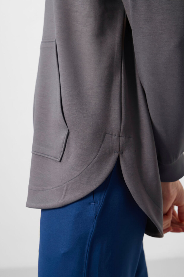 Koyu Gri Yumuşak Dokulu Kapüşonlu Standart Kalıp Kadın Tunik Sweatshirt - 97302 - 4