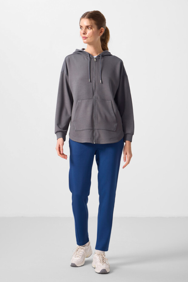 Koyu Gri Yumuşak Dokulu Kapüşonlu Standart Kalıp Kadın Tunik Sweatshirt - 97302 - 3