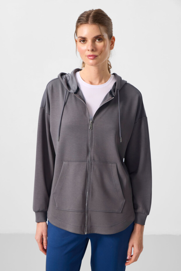 Koyu Gri Yumuşak Dokulu Kapüşonlu Standart Kalıp Kadın Tunik Sweatshirt - 97302 - 2