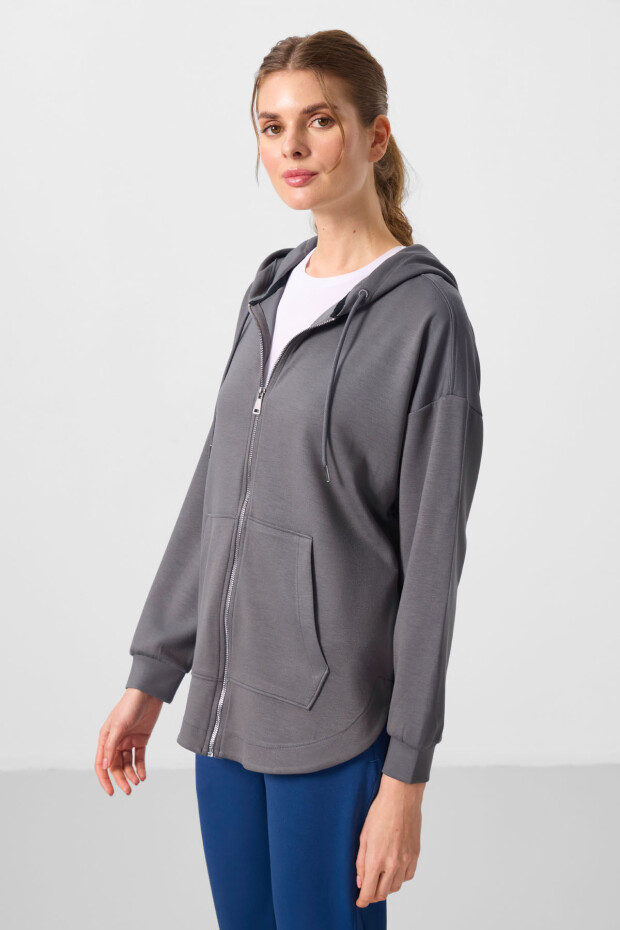 Koyu Gri Yumuşak Dokulu Kapüşonlu Standart Kalıp Kadın Tunik Sweatshirt - 97302 - 6