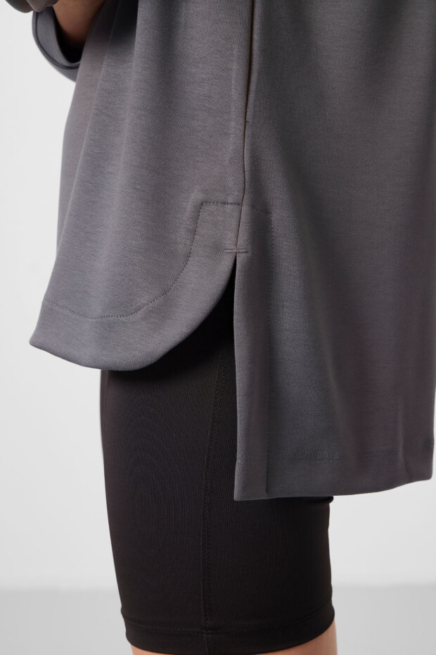 Koyu Gri Yumuşak Dokulu O Yaka Rahat Form Kadın Tunik Sweatshirt - 97305 - 3
