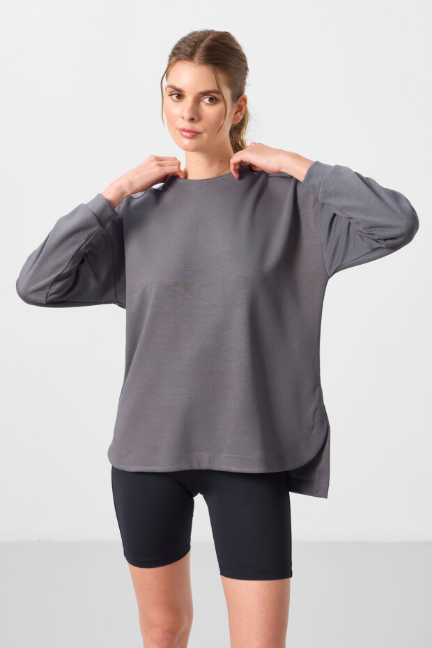 Koyu Gri Yumuşak Dokulu O Yaka Rahat Form Kadın Tunik Sweatshirt - 97305 - 4