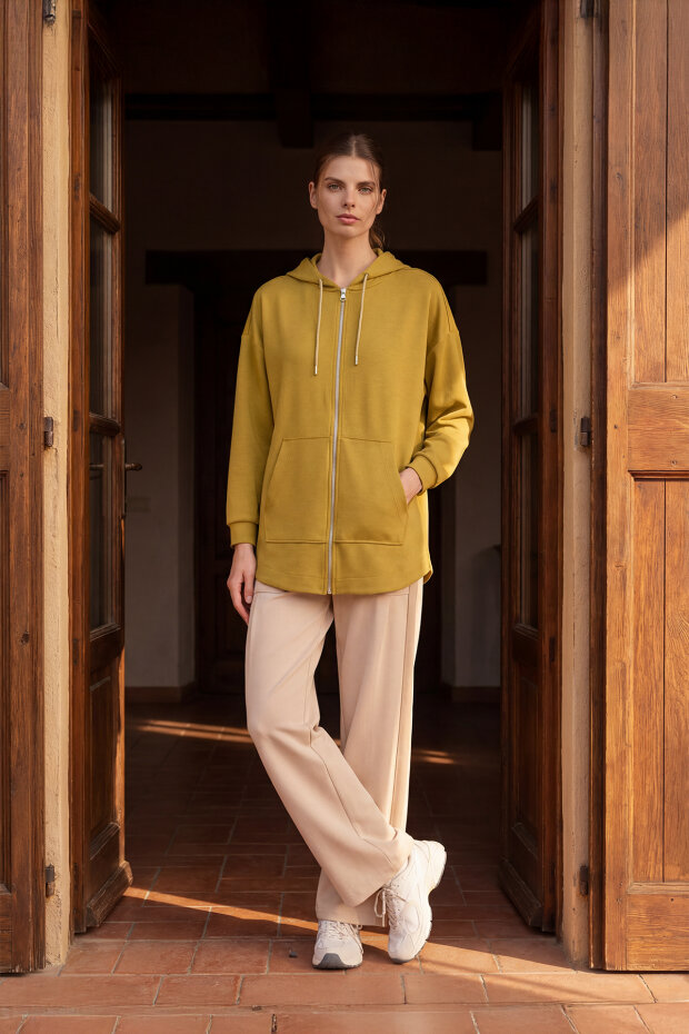 Koyu Hardal Yumuşak Dokulu Kapüşonlu Oversize Kadın Tunik Sweatshirt - 97302 - 1