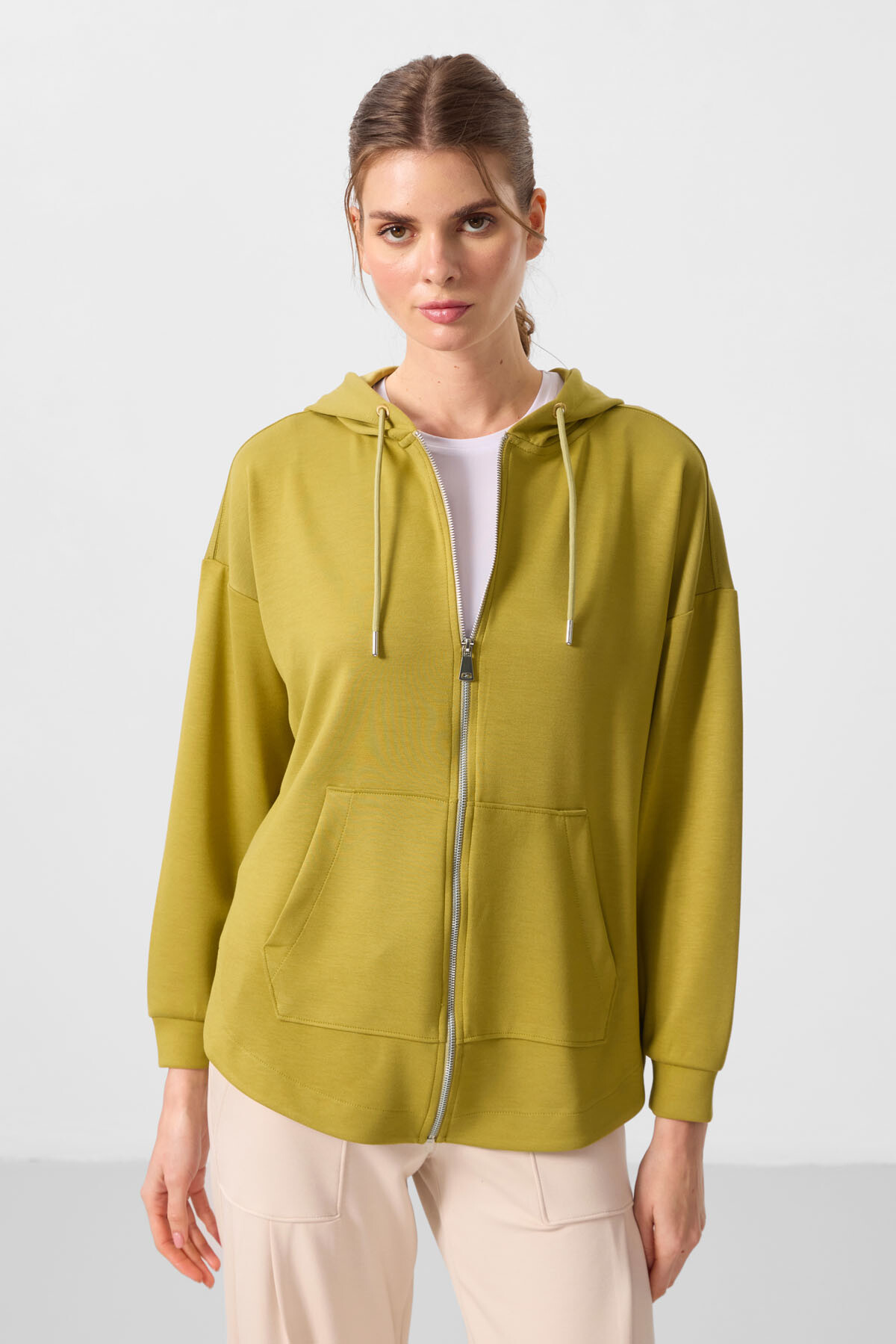 Koyu Hardal Yumuşak Dokulu Kapüşonlu Oversize Kadın Tunik Sweatshirt - 97302 - TOMMYLIFE