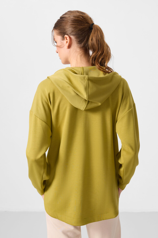 Koyu Hardal Yumuşak Dokulu Kapüşonlu Oversize Kadın Tunik Sweatshirt - 97302 - 6