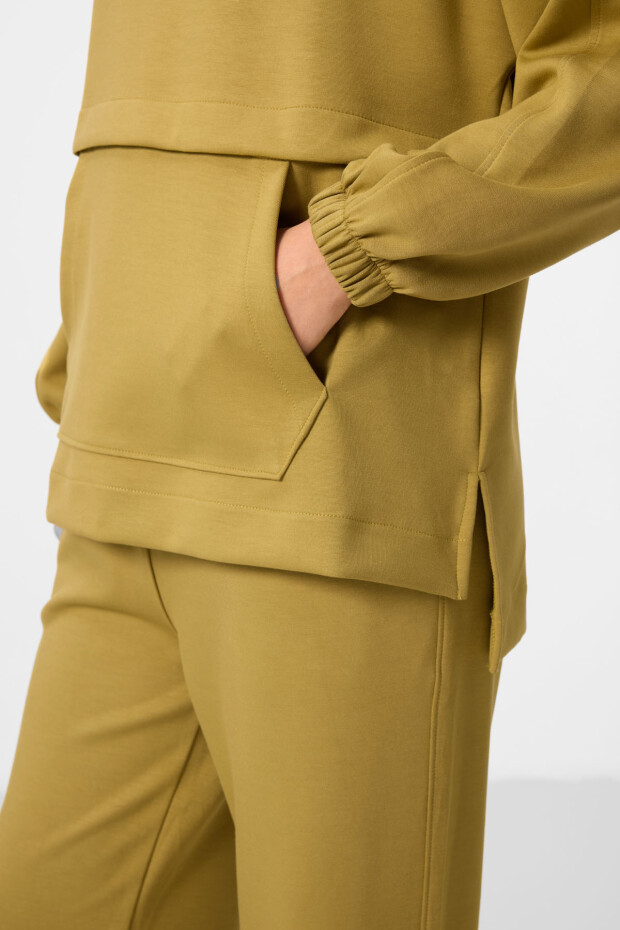 Koyu Hardal Yumuşak Dokulu Kapüşonlu Oversize Kadın Eşofman Tunik Takım - 95348 - 5