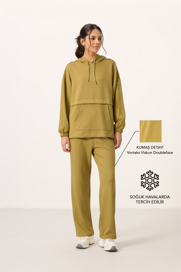 Koyu Hardal Yumuşak Dokulu Kapüşonlu Oversize Kadın Eşofman Tunik Takım - 95348 - 1