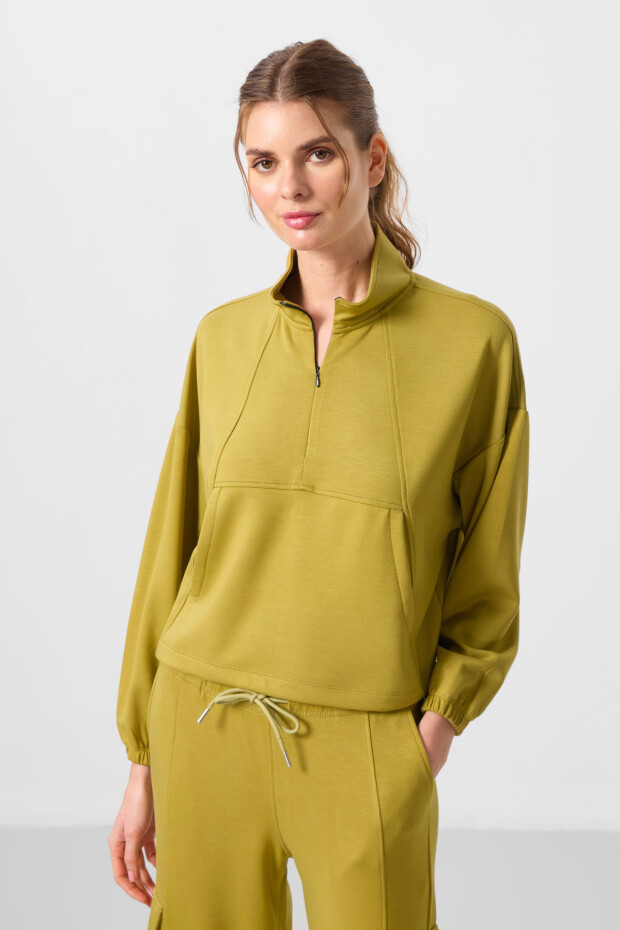 Koyu Hardal Yumuşak Dokulu Dik Yaka Gizli Fermuarlı Oversize Kadın Eşofman Takım - 95351 - 3